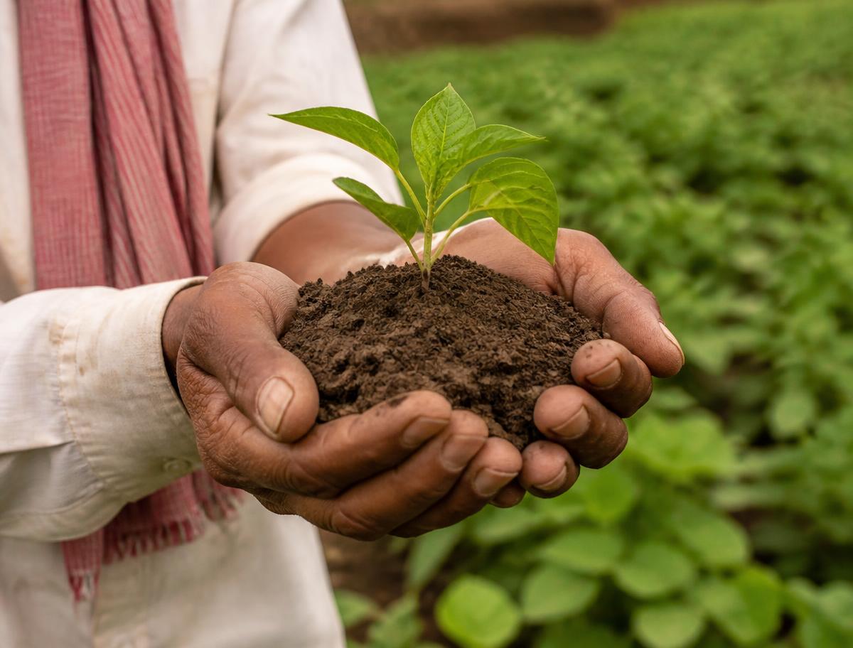 Soil and a seedling in a farmer's hands